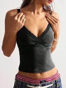 Bohemela Solid Color Knit Fitted Cropped Tank Top For Women - Black - View 7