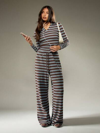 MISSGUIDED Women Ribbed Knit Two Pieces Loungewear Matching Set Co Ord Long Sleeve Top Wide Leg Pants Fall Winter Outfit Casual Drawstring Waist