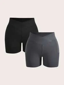 SHEIN LUNE 2pcs/Set Plus Size Women Solid Color Fitted Casual Leggings, Suitable For Summer Women's Sportswear - Multicolor - View 2