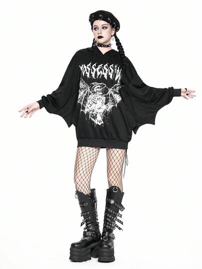 Halloween Women's Gothic Batwing Sleeve Print Hoodie Sweatshirt