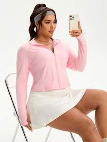 Rhythm Era Women's Minimalist Thumb Hole Stand Collar Zip-Up Long Sleeve Sports Casual Jacket, Suitable For Daily Wear, Running, Plus Size Plus Size Workout Top Zipper Tennis Skirt Set Plus Curvy Workout Top Zipper Front Women Athletic Zip Up Long Sleeve Gym Outfit Women Gym Shirt Women S Long Sleeve Plus Size Workout Top Zipper Front Workout Top Zipper Front Long Sleeve Curvy Workout Top Zipper Front Long Torso Gym Shirt Women Long Sleeve Blouse Gym Golf Outfit Women Curve - Baby Pink - View 4