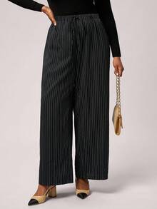 SHEIN Tall CURVE 大码休闲宽松条纹阔腿裤商务休闲女装，适合秋冬季 - 粉色 - 查看 4