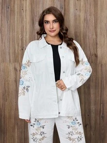 EMERY ROSE Plus Size Women's Summer Casual Embroidered Denim Jacket - White - View 4