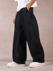 SUMWON Streetwear Baggy Wide Leg Jeans With Utility Pockets Oversized Relaxed Fit Cotton Denim Pants For Fall Winter Casual Everyday Wear Plain - Black - View 4