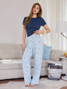 SHEIN Women's Casual Solid Color Short Sleeve Top & Plaid Bow Print Pants Pajama Set Pajama Sets For Women Pants