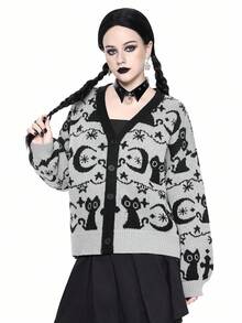 ROMWE Goth Áo len cardigan dáng rộng thường ngày dành cho nữ với họa tiết mèo và mặt trăng bí ẩn tối màu, Halloween - Xám - Xem 5