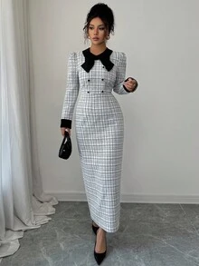 Elenzga 女士优雅秋季长袖提花黑白撞色纹理紧身连衣裙，通勤约会两相宜 - 彩色 - 查看 7