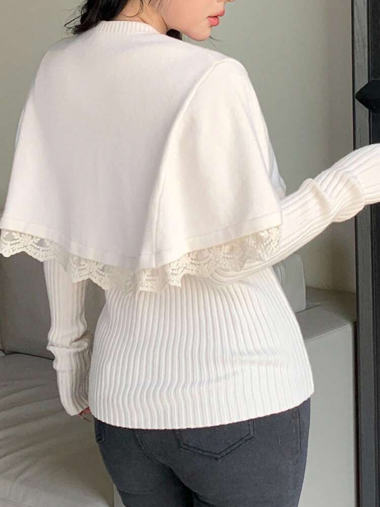2pcs Women's Elegant Lace Patchwork Sweater Set, Autumn