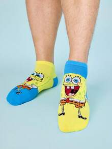 SpongeBob SquarePants | SHEIN 2 Pairs Soft & Breathable Moisture-Wicking Casual Men Ankle Socks With & Fashionable And Cute Pink & Blue Short Socks Reinforced Toe & Heel For Durabiliy Unisex For Women All Season All-Match Summer Winter - Multicolor - View 5