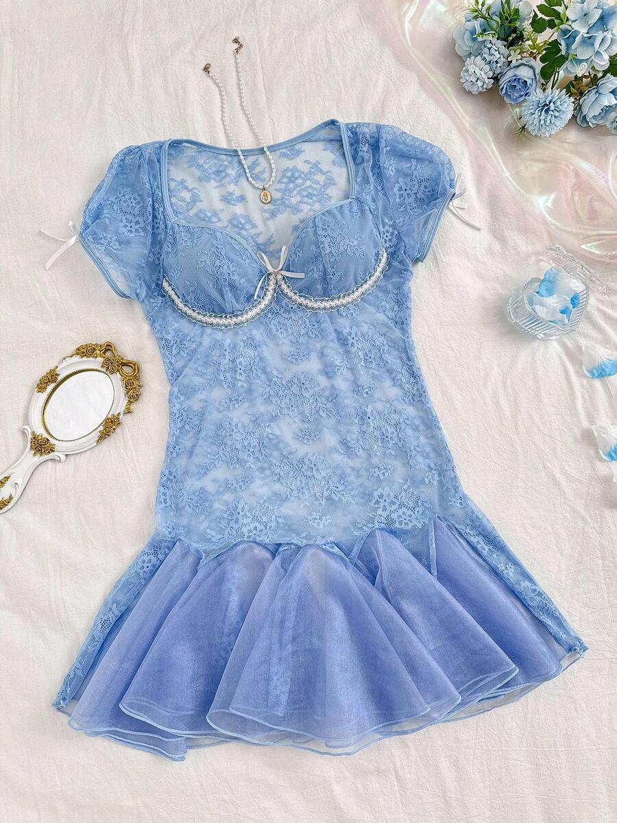 SHEIN Váy ngủ vải tuyn đính ren thêu hoa cổ điển đính nơ lãng mạn cho nữ - Màu xanh lam - Xem 1