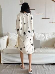 DAZY Floral Print Pleated Lantern Sleeve Loose Long Women Nightgown, Fall Pajama - Beige - View 2
