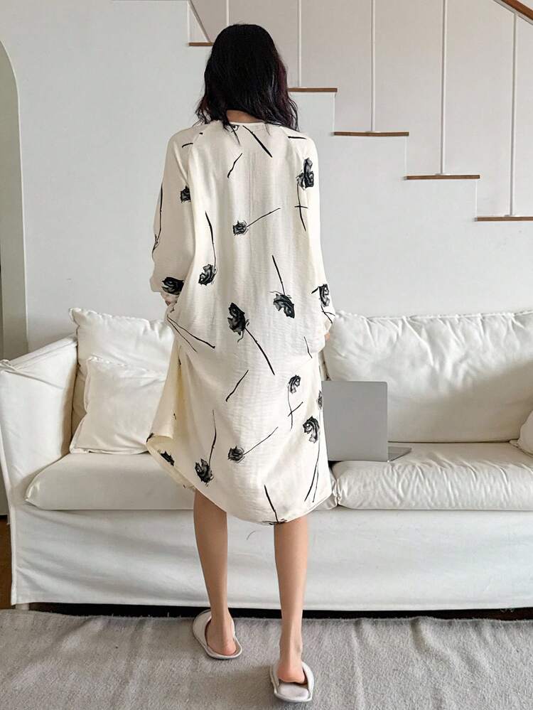 Floral Print Pleated Lantern Sleeve Loose Long Women Nightgown, Fall Pajama