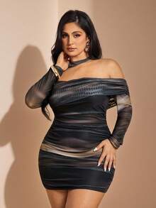 SHEIN BAE 大码女式不对称网眼多色云扎染连衣裙，春夏 - 彩色 - 查看 6