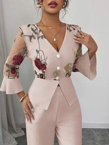 Rafferiza Women's Elegant 2 Pieces Set With Mesh Embroidery Patchwork Elbow Sleeve, Apricot Color - Dusty Pink - View 5