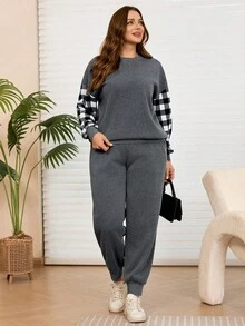 EMERY ROSE Set de sudadera y pantalón de chándal de felpa con cuello redondo, hombros caídos y estampado a cuadros de color contrastante en tallas grandes - Multicolor - Ver 4