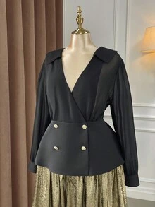 Celure Blouse décontractée/de travail à manches longues et col V de couleur unie pour femmes grandes tailles