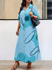 EMERY ROSE 加大码前扣长袖全印花休闲连衣裙，随机印花长款女装 - 彩色 - 查看 5