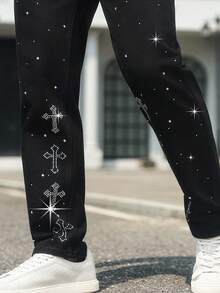 Manfinity LEGND 男士街头时尚十字水钻装饰口袋牛仔裤 - 黑色 - 查看 6