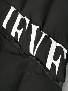 Manfinity Homme Plus Size Men's Zipper Hooded Long-Sleeved Printed Quilted Jacket, Black Thickened Loose Jacket, Versatile Clothing For Autumn And Winter, Fashionable Design With English Print On The Placket, Elastic Cuffs, Suitable For Daily Casual Wear, Weekend Outings, Outdoor Activities, Travel And Relaxed Work Environment, Business Trip, It Is An Ideal Gift For Your Boyfriend Or Husband. Puffy Jacket Men Bubble Coat Men Men Winter Clothes Men Outerwear Jacket For Man - Black - View 3