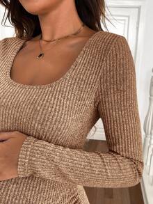 SHEIN 孕妇纯色方领长袖罗纹修身休闲连衣裙 - 棕色 - 查看 5