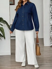 SHEIN CURVE+ 女士加大码深牛仔蓝收腰长袖牛仔衬衫，适合所有场合，万圣节服装，乡村风格，时尚秋季 - 深色水洗藍 - 查看 7