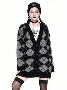 ROMWE Academia 女式菱形拼色V领宽松学院风针织开衫，秋冬款 - 灰色 - 查看 5