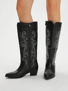 Styleloop Women's Studded, Zipper, Embroidered Decor Chunky Heel Pointed Toe Slip-On Boots, Suitable For Festivals, Outdoor, Black Boots, Ladies Boots, Western Boots - Black - View 6