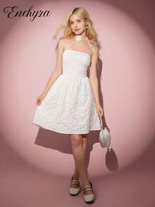 Teen Girl Casual Elegant Vacation Dress, White Bustier Jacquard Bow Bust Fitted Camisole Mini Skirt, Suitable For Halloween, Autumn/Winter - White - View 4