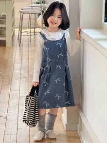 Genkimix Kids 2 件套少女荷叶边领口装饰纯色 T 恤 + 蝴蝶印花时尚牛仔背带裙套装 - 白色 - 查看 7