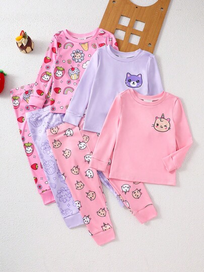 6pcs Baby Girls' Cartoon Graphic Long Sleeve Top And Leggings Casual Homewear Set, Pink & Purple, Spring/Autumn Snug Fit Baby Girl Pajamas Baby Casual Set Cute Baby Clothes Set Baby Girl Clothes Set Toddler Girl Clothes Fall Winter