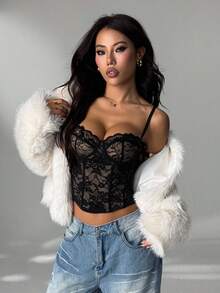 SHEIN PETITE Áo hai dây ren gợi cảm, Dự tiệc, Đêm hẹn hò, Đi làm, Áo lót bralette dễ thương, Áo câu lạc bộ gợi cảm, Áo corset, Áo không dây, Áo đi chơi, Áo mùa hè, Áo dễ thương, Mùa hè dành cho phụ nữ, Áo ren, Áo corset, Áo lót nhiều lớp cho mùa thu/đông Áo ren hở ngực - màu đen - Xem 6