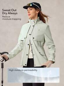 OutZeal 女式防水抽绳腰部翻盖口袋连帽户外外套徒步露营 - 綠色 - 查看 4