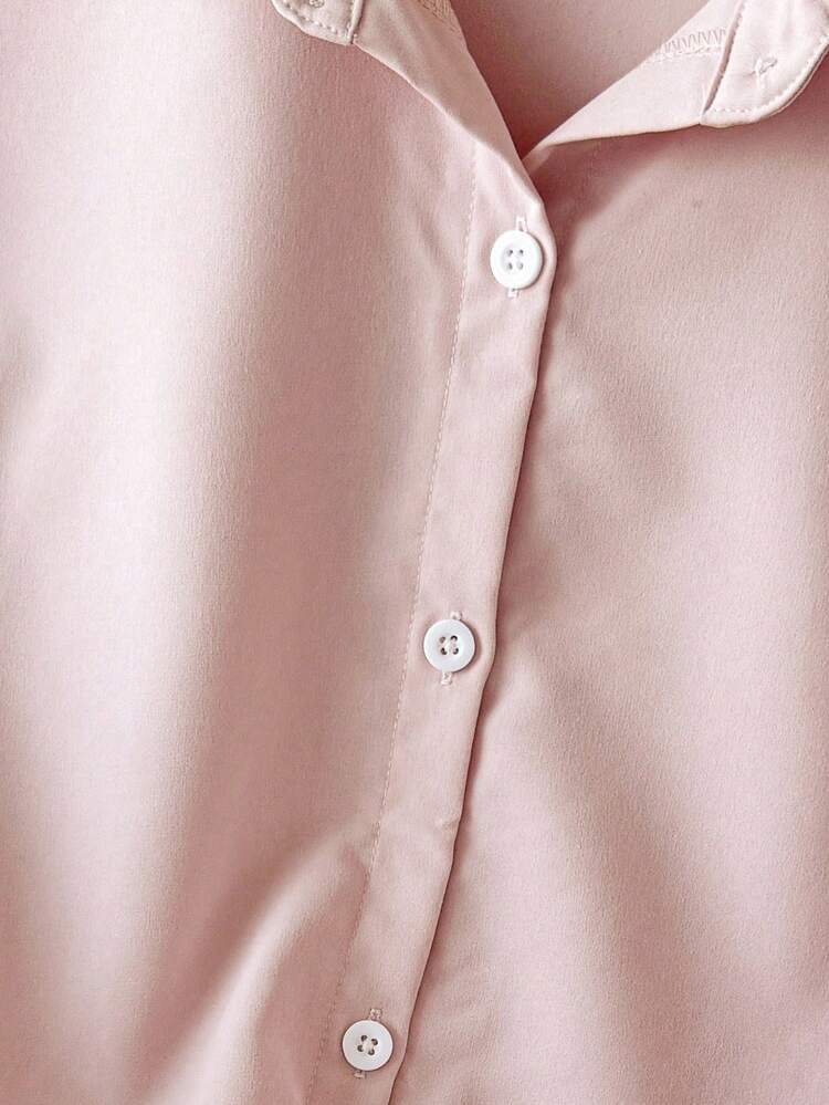 青少年女孩休闲纯色衬衫和短裤套装 - 粉色 - 查看 4