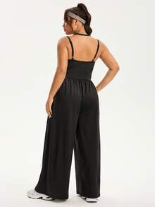 Rhythm Era Plus Size Women Adjustable Straps Loose Straight Leg Jumpsuit, Casual Sports Wear For Daily Plus Size Jumpsuit Black Jumpsuit For Women Wide Leg Jumpsuit Tummy Control Jumpsuit Plus Size Black Jumpsuit Plus Size Wide Leg Jumpsuit Plus Size Wide Leg Pants Jumpsuit - Black - View 2