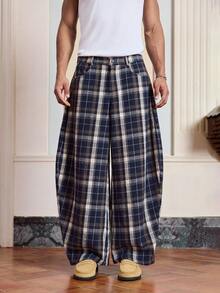 SWAVVY Men's Plaid Pocket Casual Loose Long Pants, Fall - Brown - View 2