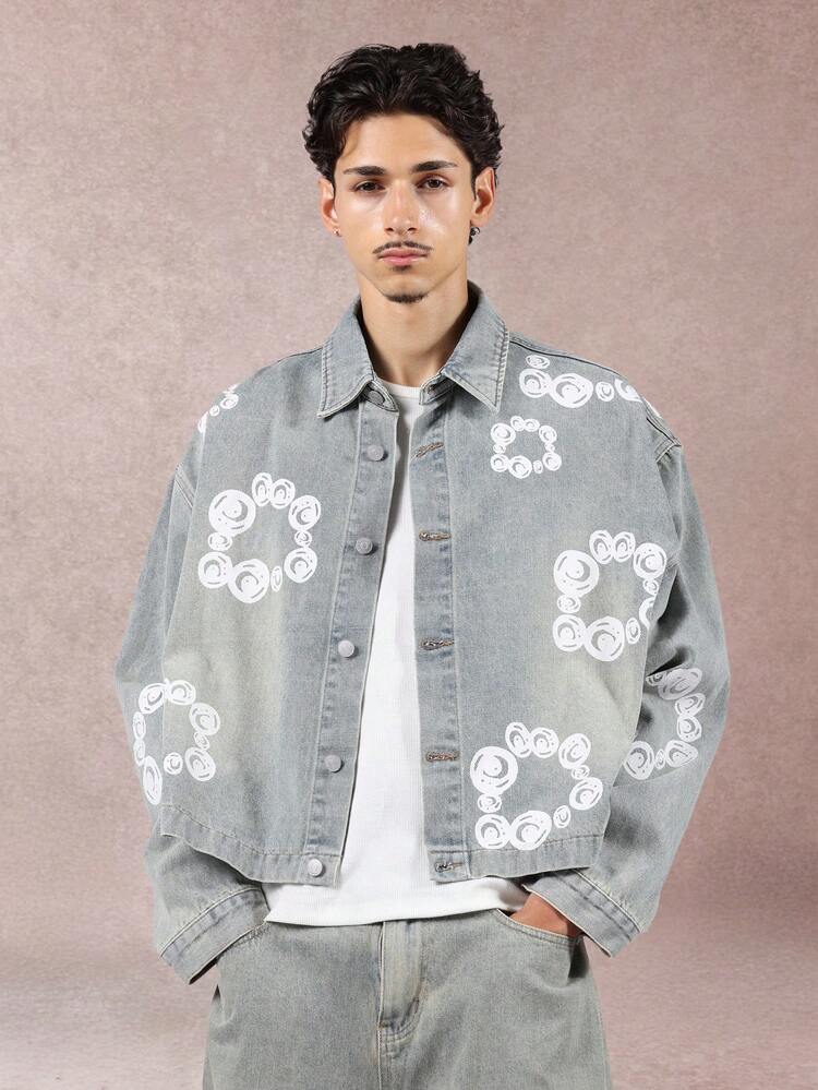 Light Wash Denim Jacket With Circle Print Pattern