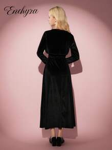 2pcs/Set Teen Girls Casual Elegant Vacation Dress, Black Long Sleeve Jacket And Black Velvet Bowknot Camisole Snug Fit Maxi Dress, Suitable For Halloween, Autumn/Winter Black Outfits Black Dress Black Clothes Black Outfit Set Black Glitter Dress - Black - View 2