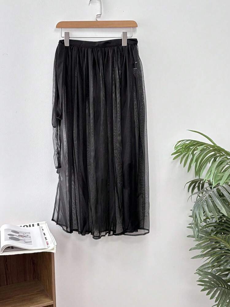 Ladies' Solid Color Mesh Splice See-Through Skirt Sheer Fall Skirts