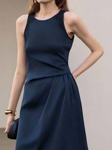 Uhlyne Uhlyne Women's Autumn New Minimalist Dignified Elegant Party Wedding Birthday Dress, Lace Patchwork Round Neck Sleeveless Flared Asymmetric Dress, Navy Blue - Navy Blue - View 4
