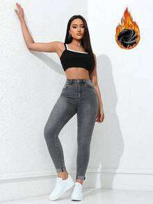 Flexra 女式高腰口袋保暖内衬紧身休闲百搭牛仔裤 - 灰色 - 查看 3