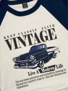 Attitoon 休闲简约复古汽车印花圆领短袖短款修身 T 恤，适合夏季穿着 - 藏蓝色 - 查看 6