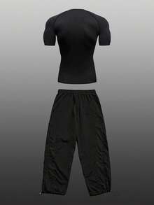 Manfinity Sport Corelite Men's Chinese Character Print Raglan Short Sleeve T-Shirt And Drawstring Waist Pants Sports Gym Set