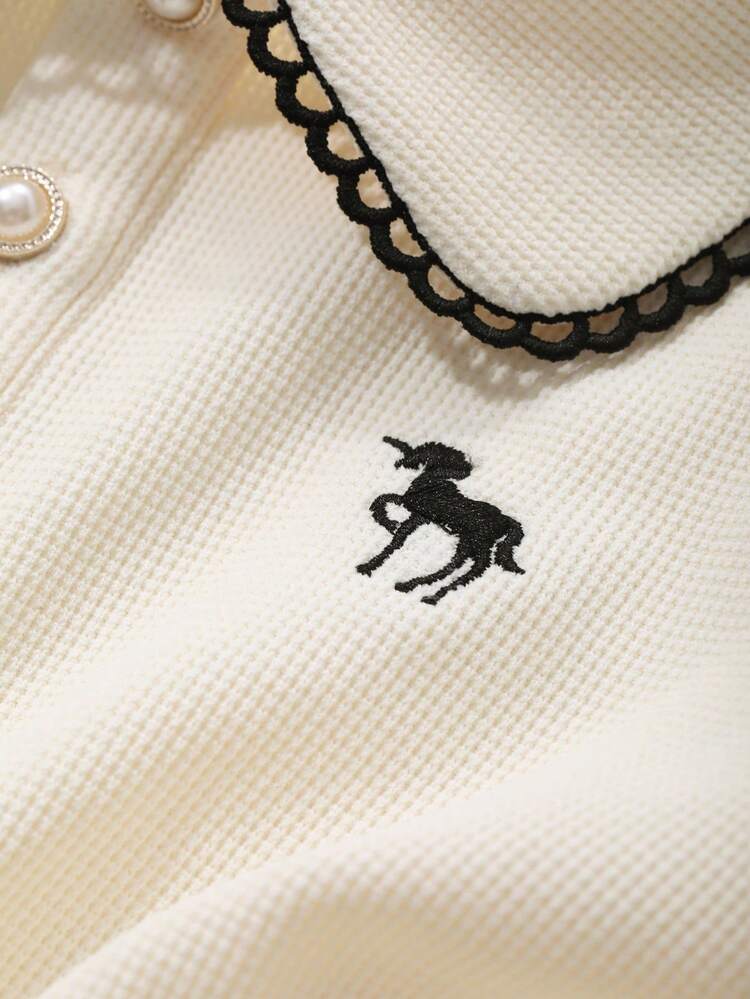 Young Girl Embroidery Detail Polo Collar Short Sleeve Casual T-Shirt, Summer