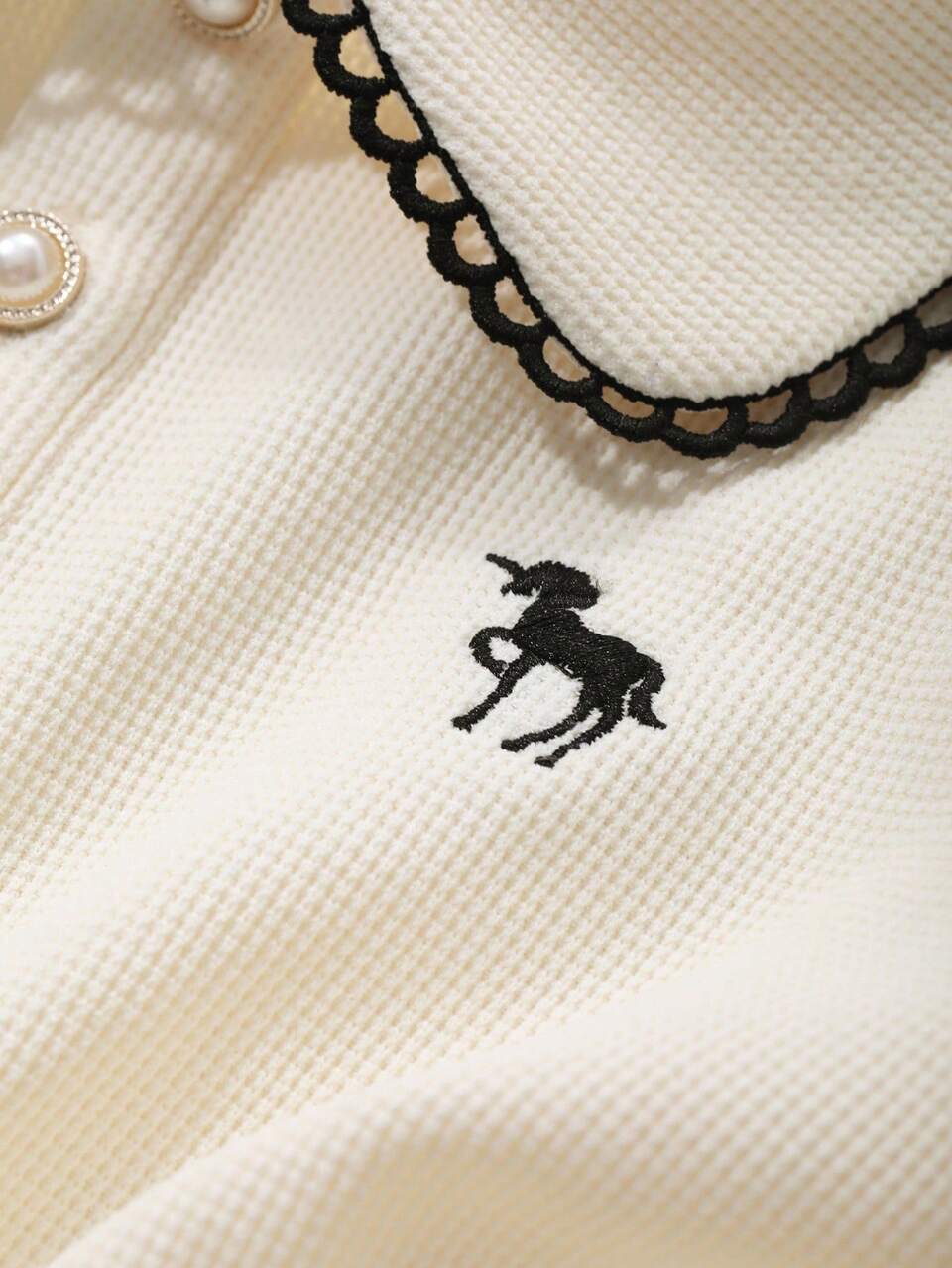 Young Girl Embroidery Detail Polo Collar Short Sleeve Casual T-Shirt, Summer