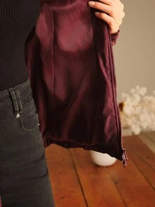 Anewsta 女式秋冬短款修身连帽人造毛领水钻缀饰酒红色风衣夹克 - 酒紅色 - 查看 8