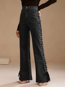 SHEIN X Jwoww Anewsta Women's New Fashion Design Side Bone Handmade Rope Black Denim Straight Leg Pants - Black - View 5