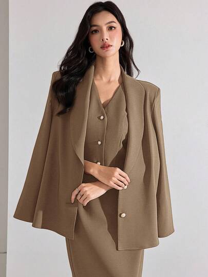 Heiryn 秋冬女士商务通勤简约纯色披肩领西装外套、马甲和半身裙套装三件套