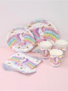 Set 8 veselă decorativă de unică folosință cu tematică de unicorn, 8 farfurii de hârtie de unică folosință de 7 inch și 9 inch, 8 pahare de hârtie, 16 șervețele, tacâmuri de hârtie potrivite pentru petreceri în familie, veselă în stil unicorn curcubeu, provizii de ziua de naștere.
