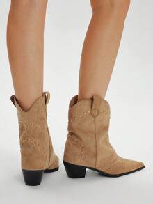 Styleloop 女士高跟踝靴，多条绑带和搭扣设计，尖头高跟时尚朋克风粗跟黑色靴子 - 杏色 - 查看 2