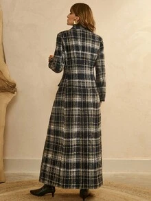 Arave Women's Plaid Material Wide Shoulder X-Shaped Suit Style Double-Breasted Pocket Flap Design Daily Commuting Mid-Length Coat Autumn Women's Business Casual Women's Plaid